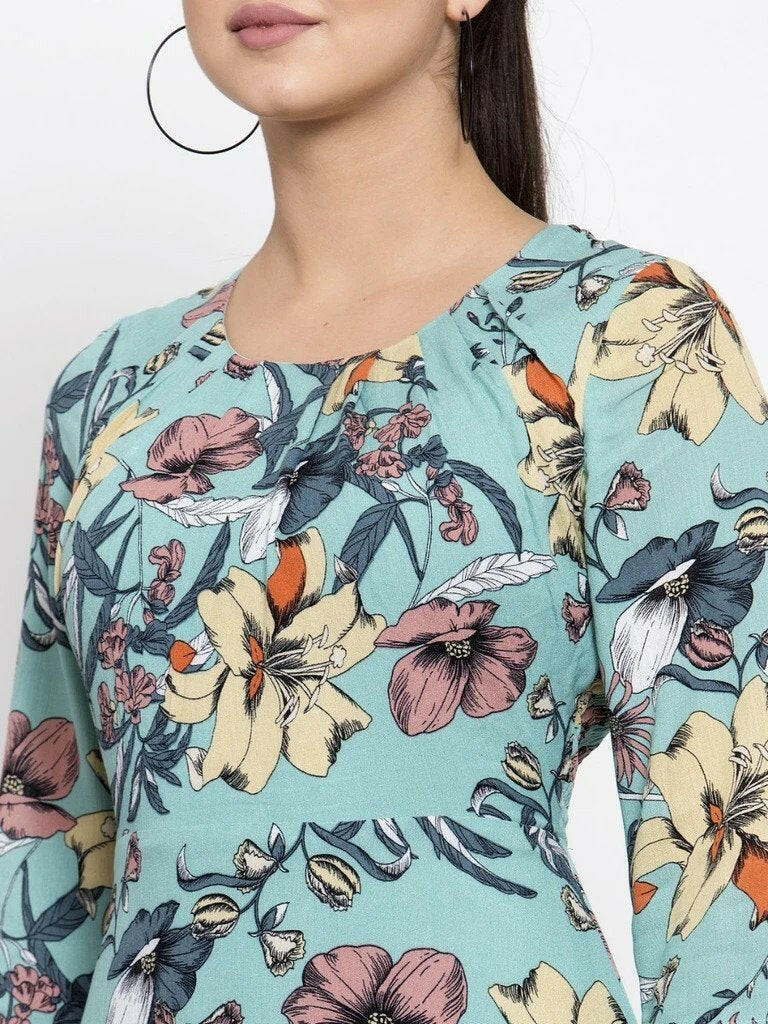 BlackTree Women Printed Green Round Neck Dress..