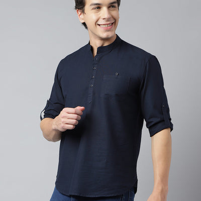 Men Navy Standard Fit Solid Kurta