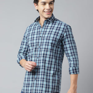 Men Navy Turquoise Standard Fit Checkered Casual Shirt