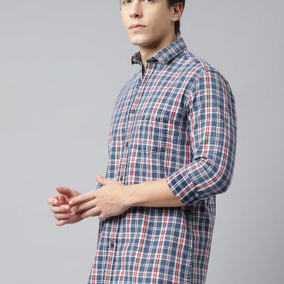 Men Navy Maroon Standard Fit Checkered Casual Shirt