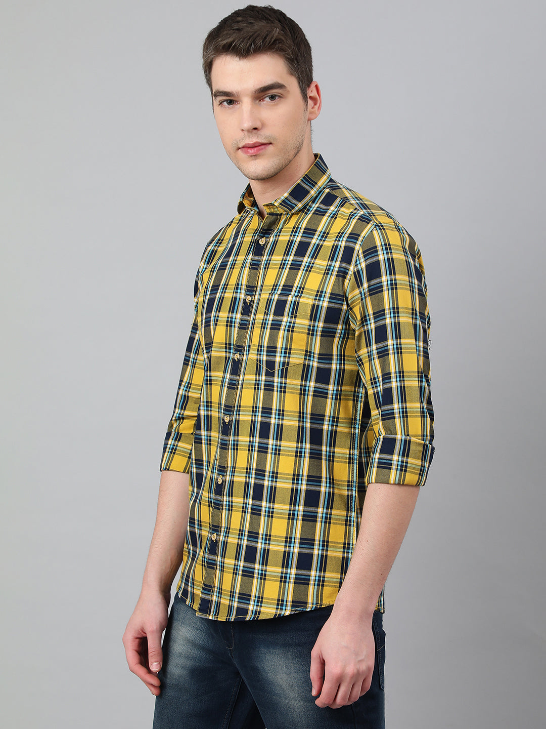 Men Mustard Standard Fit Checkered Casual Shirt