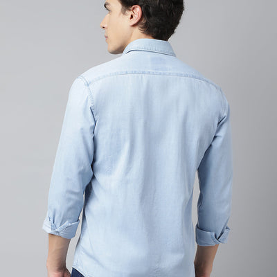 Men Ice Blue Standard Fit Solid Casual Shirt