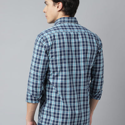 Men Navy Turquoise Standard Fit Checkered Casual Shirt