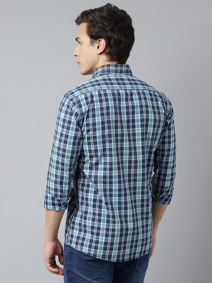 Men Navy Turquoise Standard Fit Checkered Casual Shirt