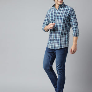 Men Navy Turquoise Standard Fit Checkered Casual Shirt