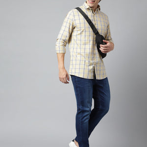 Men Mustard Standard Fit Checkered Casual Shirt