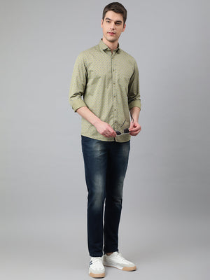 Men Dark Khakhi Standard Fit Printed Casual Shirt