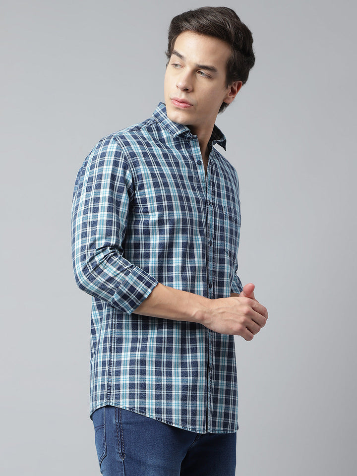 Men Navy Turquoise Standard Fit Checkered Casual Shirt