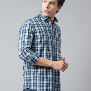 Men Navy Turquoise Standard Fit Checkered Casual Shirt