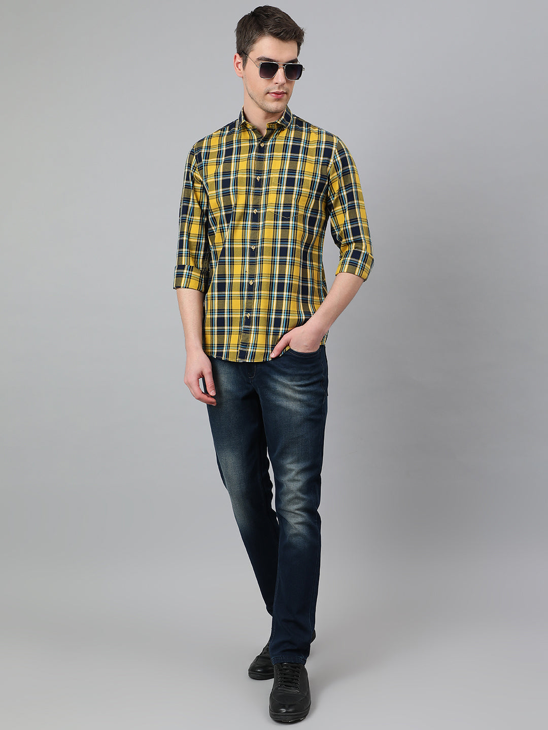 Men Mustard Standard Fit Checkered Casual Shirt