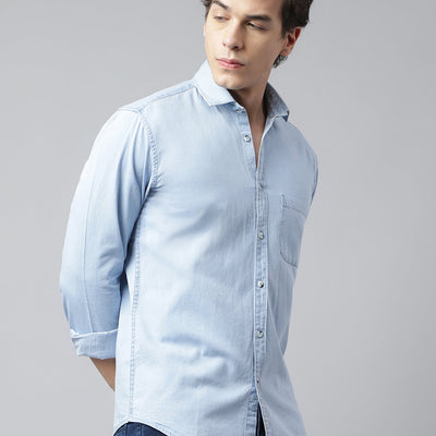 Men Ice Blue Standard Fit Solid Casual Shirt