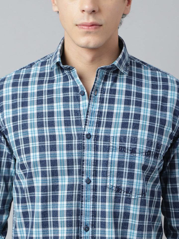 Men Navy Turquoise Standard Fit Checkered Casual Shirt