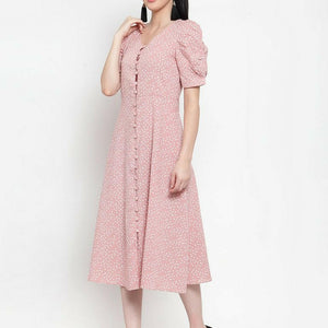 Women Pink Cotton Polka Dots Dress..