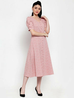 Women Pink Cotton Polka Dots Dress..