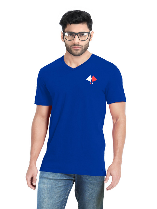 BLUE V-NECK LOGO PRINTED T-SHIRT.