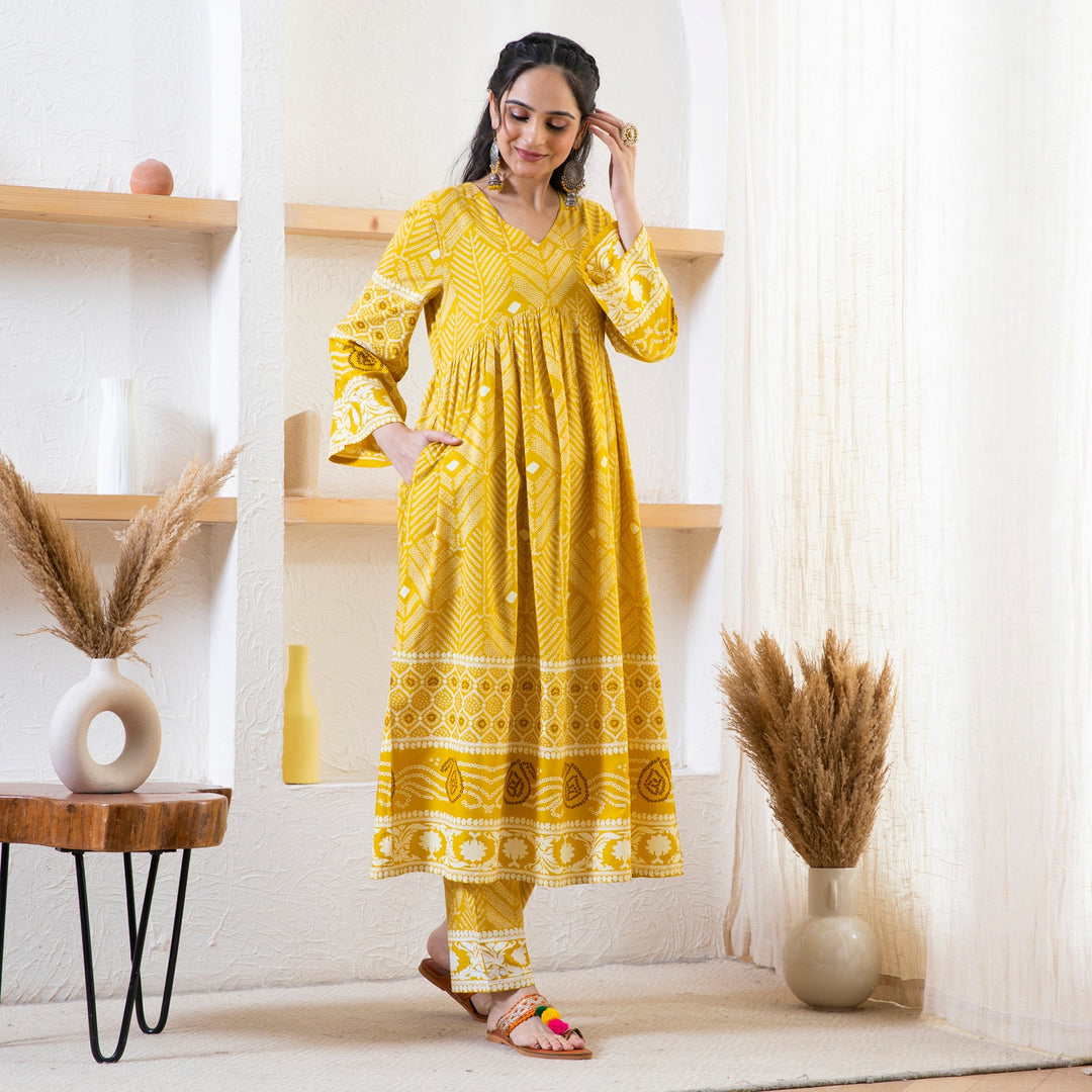 Yellow Bandhani Inspired Kurta Pant Set