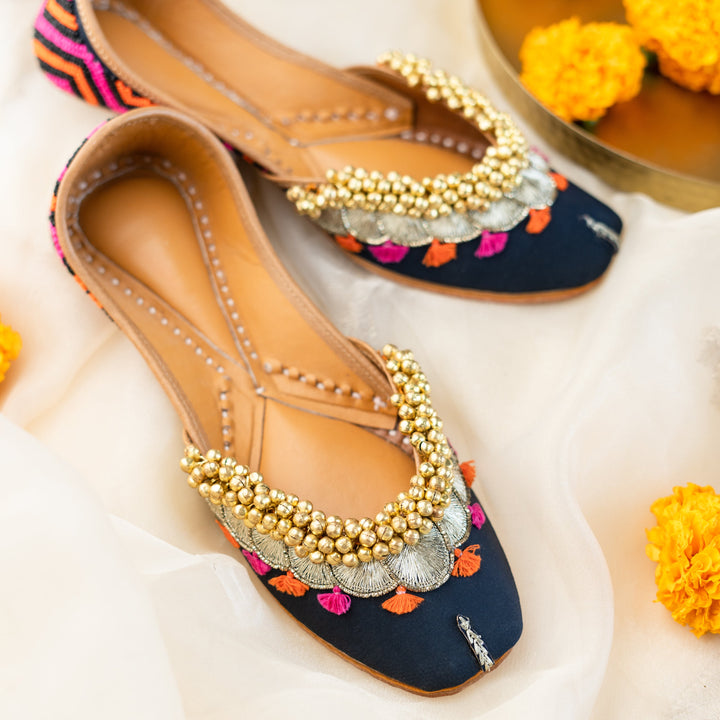 Navy Blue Embroidered Ghungroo Jutti