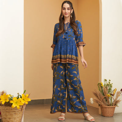 Blue Leaf Printed Peplum Top and Pant Set