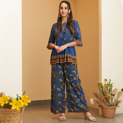 Blue Leaf Printed Peplum Top and Pant Set
