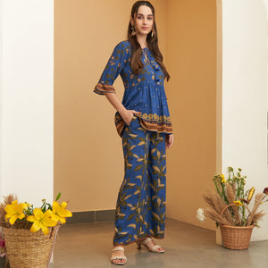 Blue Leaf Printed Peplum Top and Pant Set
