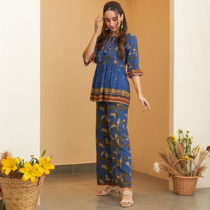 Blue Leaf Printed Peplum Top and Pant Set