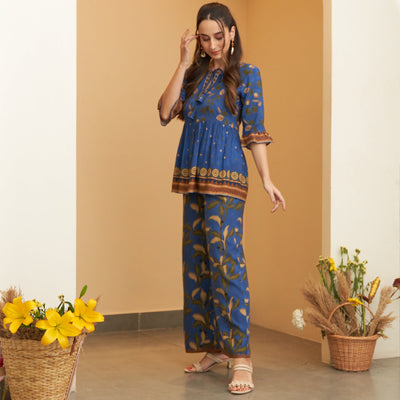 Blue Leaf Printed Peplum Top and Pant Set