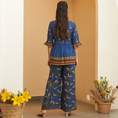 Blue Leaf Printed Peplum Top and Pant Set