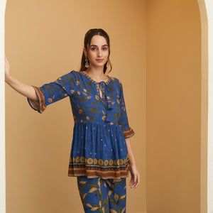 Blue Leaf Printed Peplum Top and Pant Set