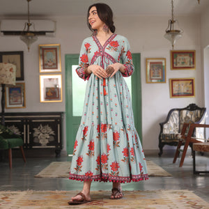 Sky Blue V Neck Tiered Dress with Pompom Detailing