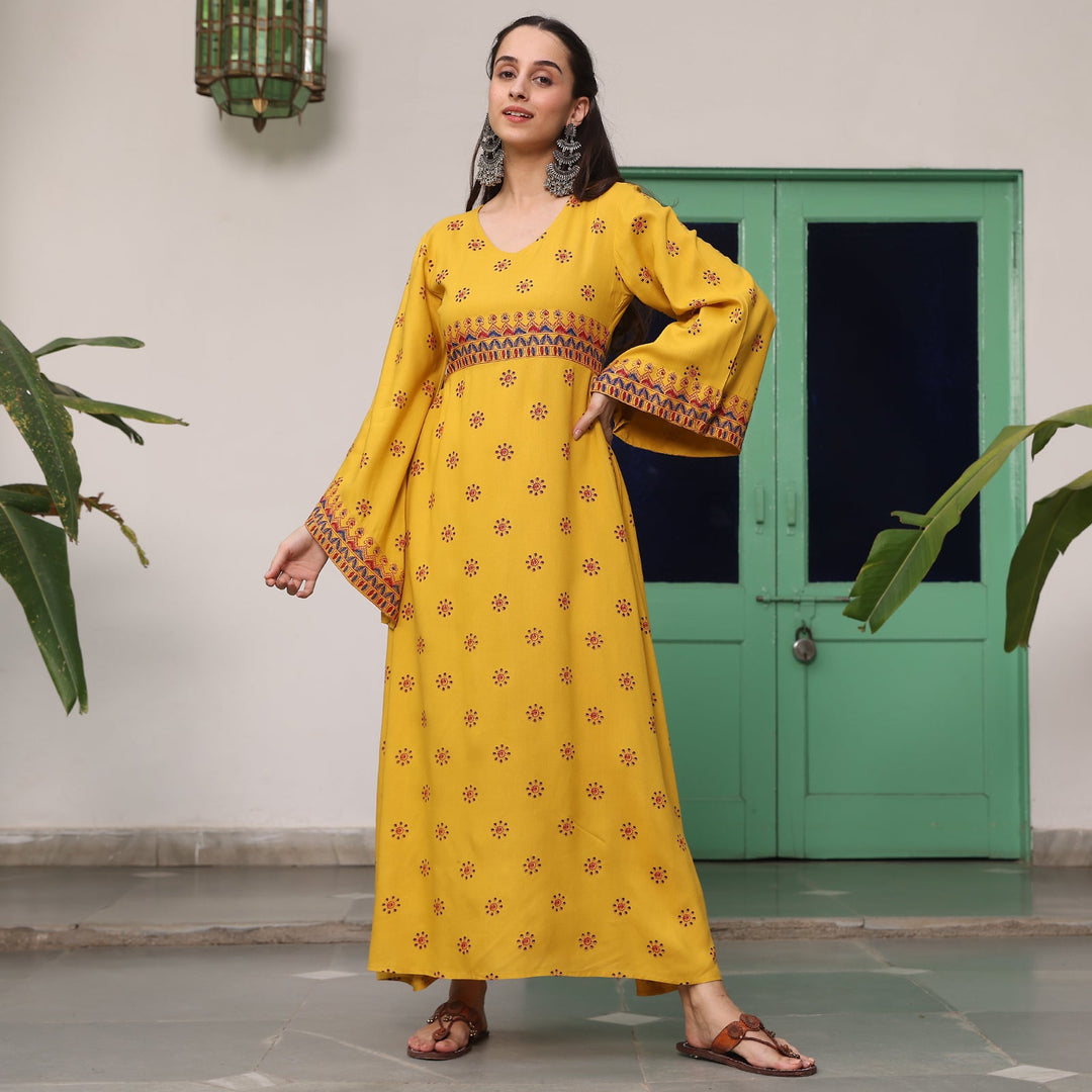 Yellow Maxi Dress with Flared Sleeves