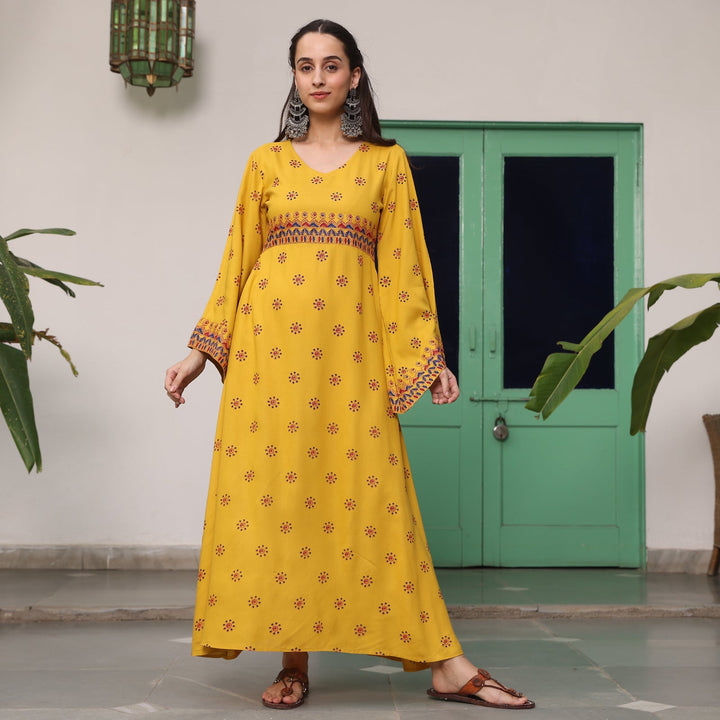 Yellow Maxi Dress with Flared Sleeves