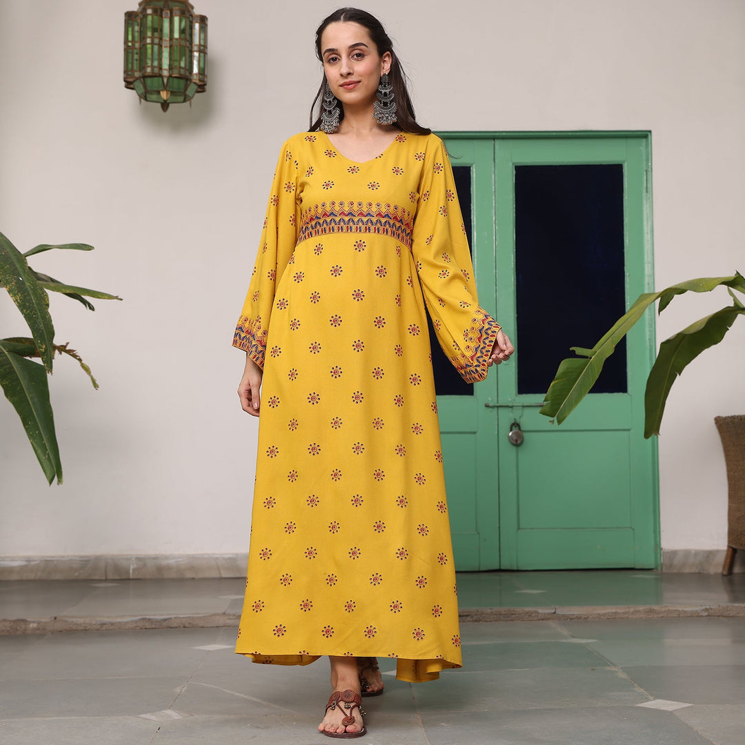 Yellow Maxi Dress with Flared Sleeves