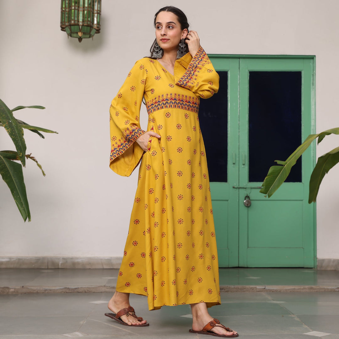 Yellow Maxi Dress with Flared Sleeves
