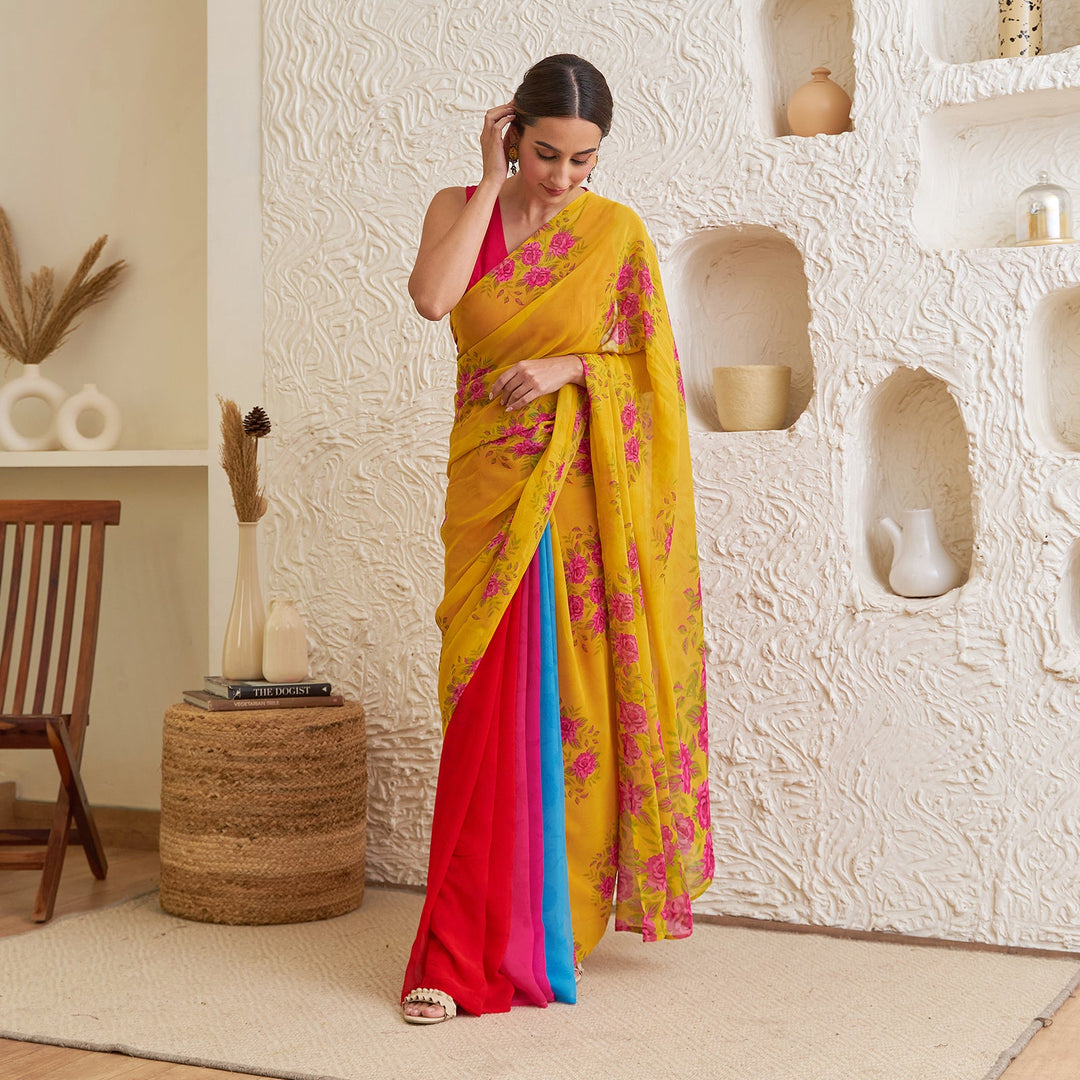 Yellow Pure Georgette Floral Multicolour Half & Half Saree