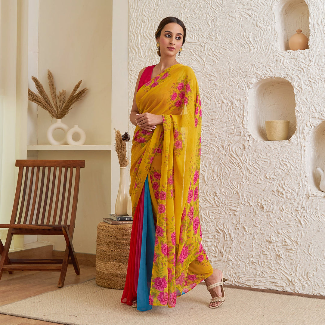 Yellow Pure Georgette Floral Multicolour Half & Half Saree