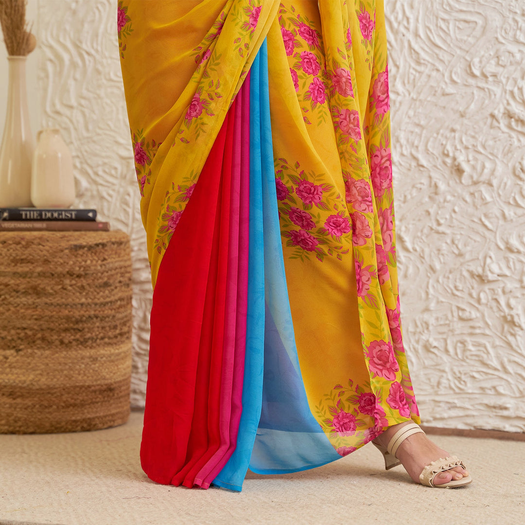 Yellow Pure Georgette Floral Multicolour Half & Half Saree