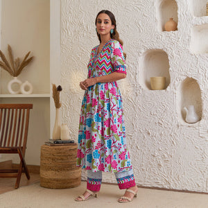 Lavender Floral Front Gathered Kurta Pant Set