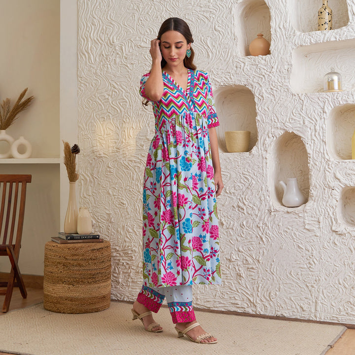 Lavender Floral Front Gathered Kurta Pant Set