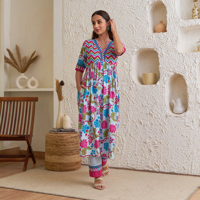 Lavender Floral Front Gathered Kurta Pant Set