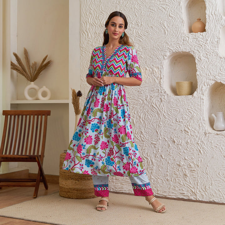 Lavender Floral Front Gathered Kurta Pant Set