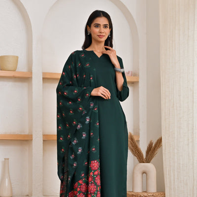 Emerald Green Kurta Pant Set with Floral Dupatta