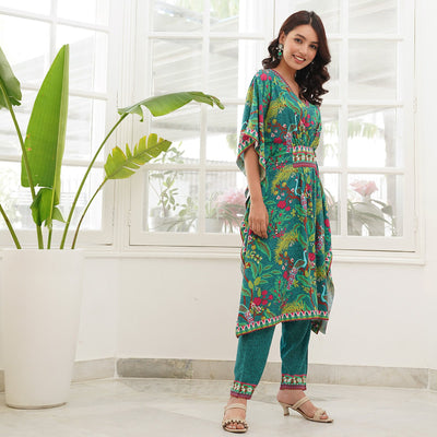 Aqua Green Peacock Printed Kaftan Pant Set