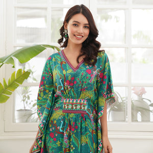 Aqua Green Peacock Printed Kaftan Pant Set