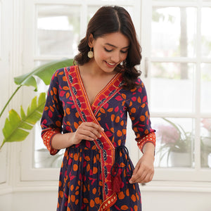 Navy Blue Asymmetric Gather Co-ord Set with Side Tie Up Detail