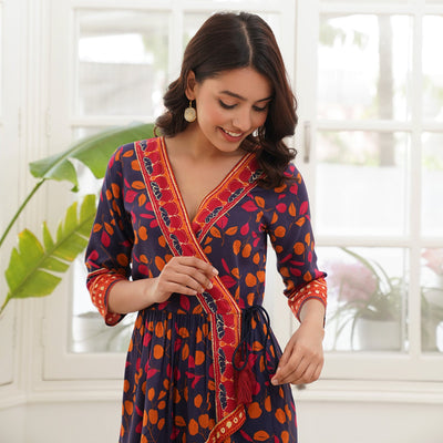 Navy Blue Asymmetric Gather Co-ord Set with Side Tie Up Detail