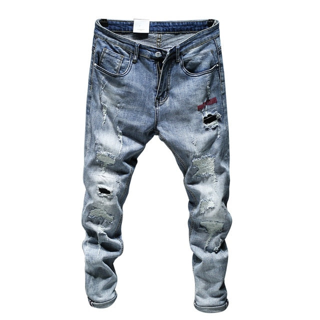 Men's Jeans Holes Frayed Hiphop Ripped Light Blue Skinny Jeans ..