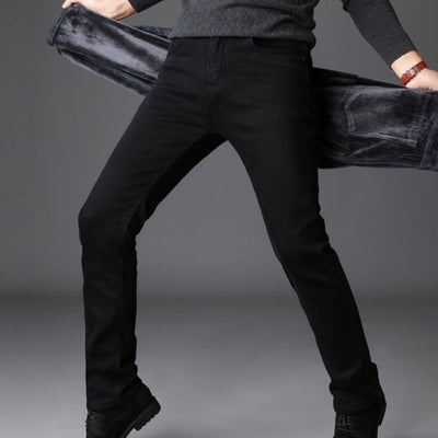 Black Slim Fit Velvet Warm Jeans for Male ..