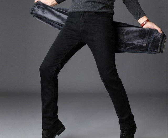 Black Slim Fit Velvet Warm Jeans for Male ..