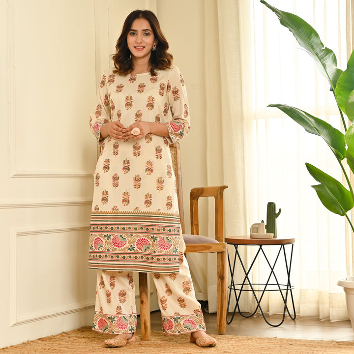 Cream Boota Straight Kurta Pant Set