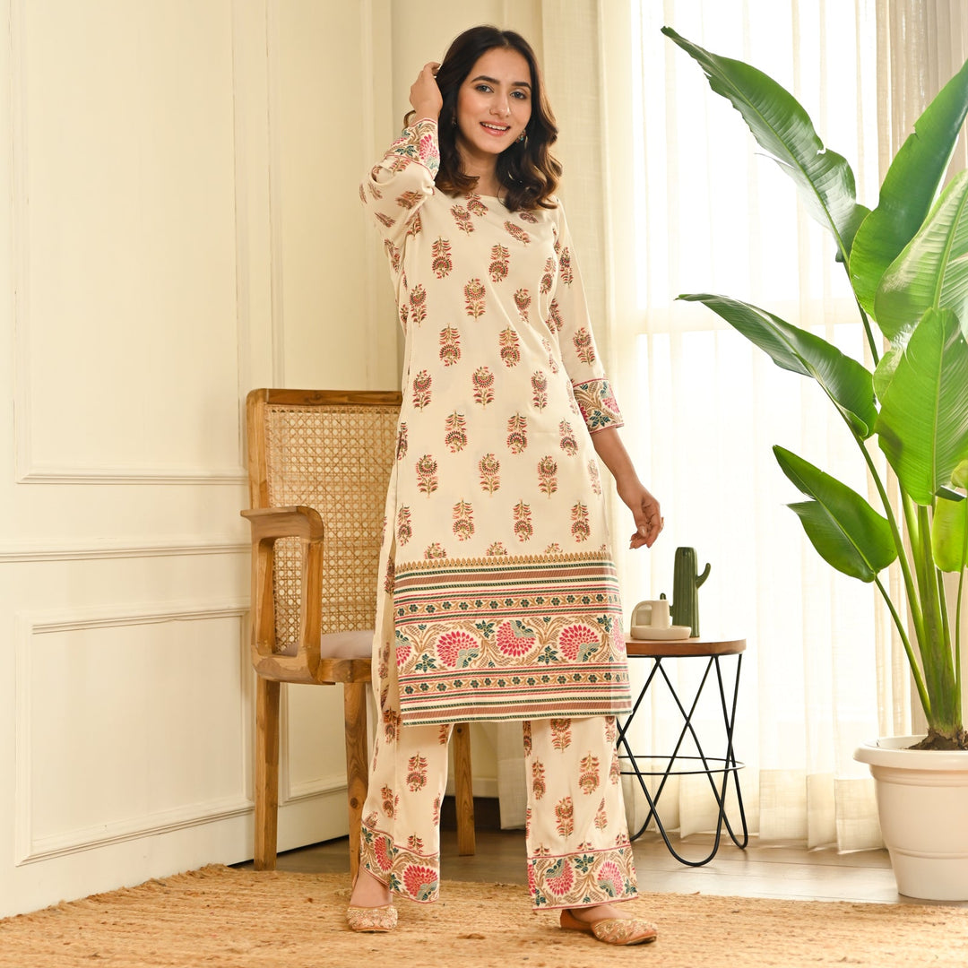 Cream Boota Straight Kurta Pant Set